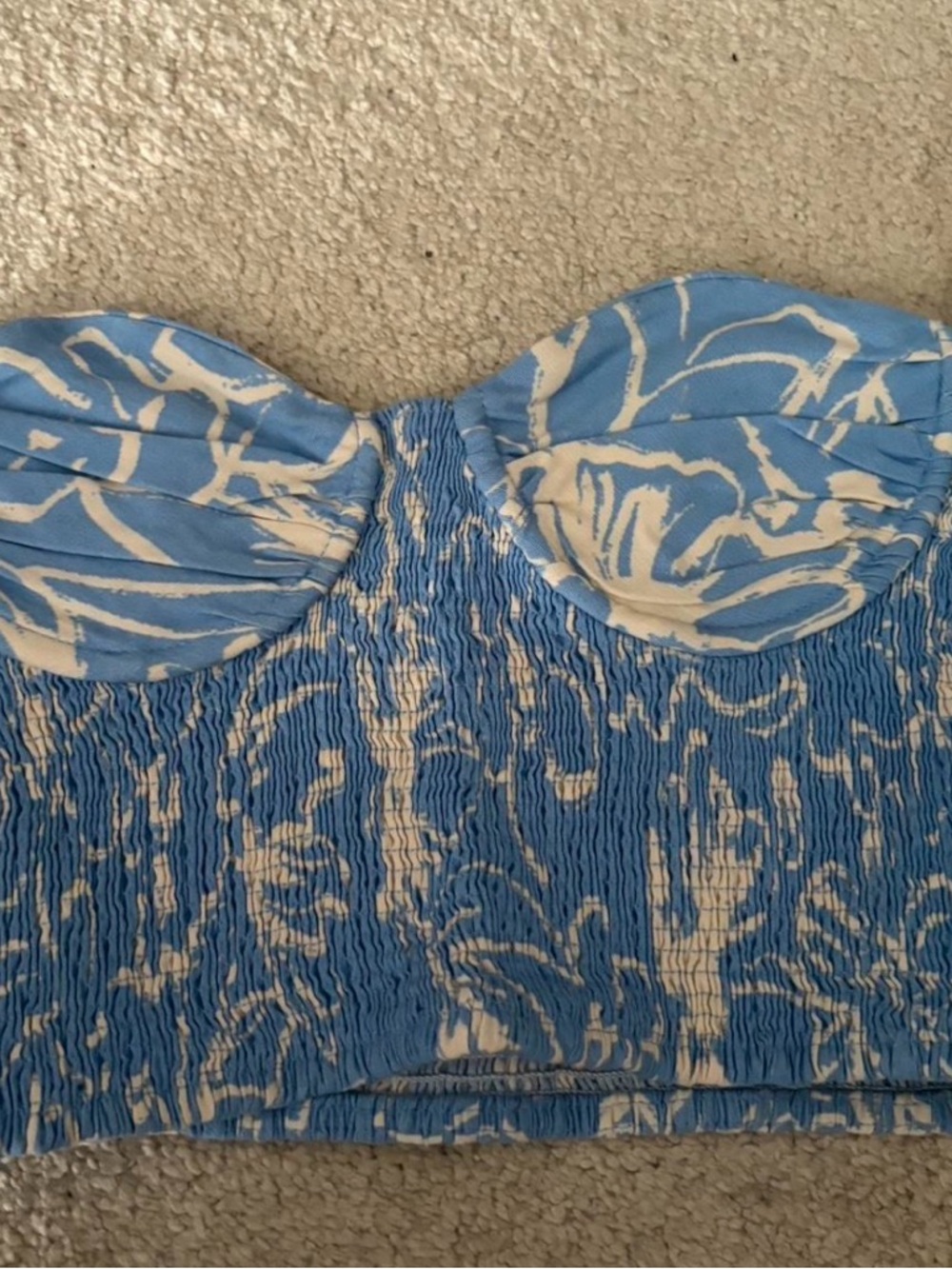 Blue and White Smocked Strapless Crop Top